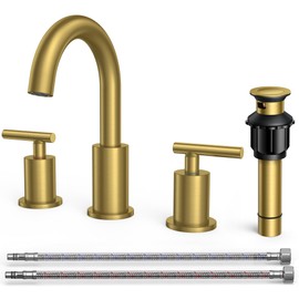 FORIOUS 8 Inch Widespread Brushed Gold Bathroom Faucet 3 Hole, 2 Handle Gold Sink Faucet Bathroom Vanity with 360 Degree Swivel Spout, with Pop Up Drain and cUPC Supply Line, for 6 to 12 in Sink