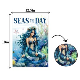 Seas the Day Spring Garden Flag,Spring Mermaid Nautical Home Decor, Coastal House Yard Shell Starfish Coral Conch Outside Decor,Summer Beach Tropical Outdoor Small Decoration Double Sided 12x18