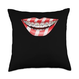 CharlIan Minds - Christmas Lights Flossing Candy Cane Lips Christmas Lights Dental Brace Rubber Bands Throw Pillow, 18x18, Multicolor