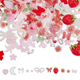 NICENEEDED 100 PCS 3D Pink Red Nail Art Charms, Rose Cherry Butterfly Nail Art Charm, Flatback Heart Bow Decorations for Manicure DIY Crafts Jewelry Accessories