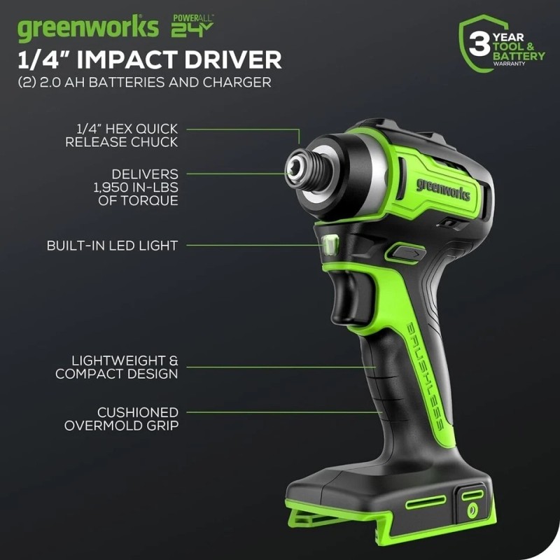 Greenworks 24V Brushless 1/4" Cordless Impact Driver, (2) 2.0Ah Batteries,