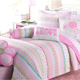 Cozy Line Home Fashions Pink Polka Dot Peace & Love 100% Cotton Reversible Quilt Bedding Set for Kids Girls, Coverlet, Bedspread (Flower Pastel, Twin - 2 Piece: 1 Quilt + 1 Standard Sham)