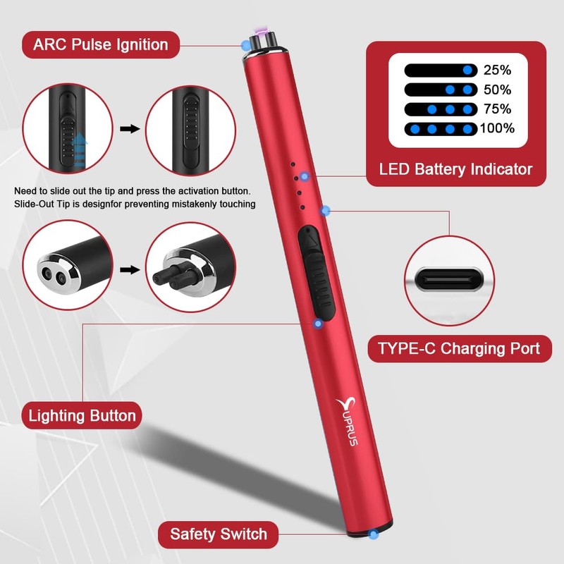 SUPRUS Electric Arc Windproof Flameless USB Rechargeable Lighter with Safety