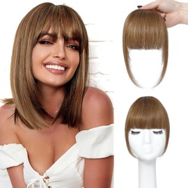 ELEFOCUS Clip in Bangs Real Human Hair 6# 100% Human Hair French Bangs Fake Bangs Hair Clip on bangs for women Fringe with Temples Hairpieces Curved Bangs for Daily Wear