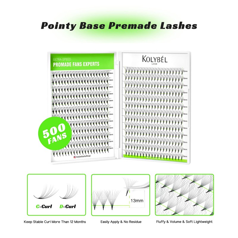 Kolybel 500 Eyelash Extensions 14D 0.03 Thickness 8-15mm Premade Fans
