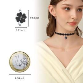 MICMIF Silver 925 Necklace Women's Choker Clover Pendant with Flowers Collar Chain Adjustable Flowers Black Chain for Women Teenager Girls, Sterling Silver Sterling silver Fabric enamel, No Gemstone