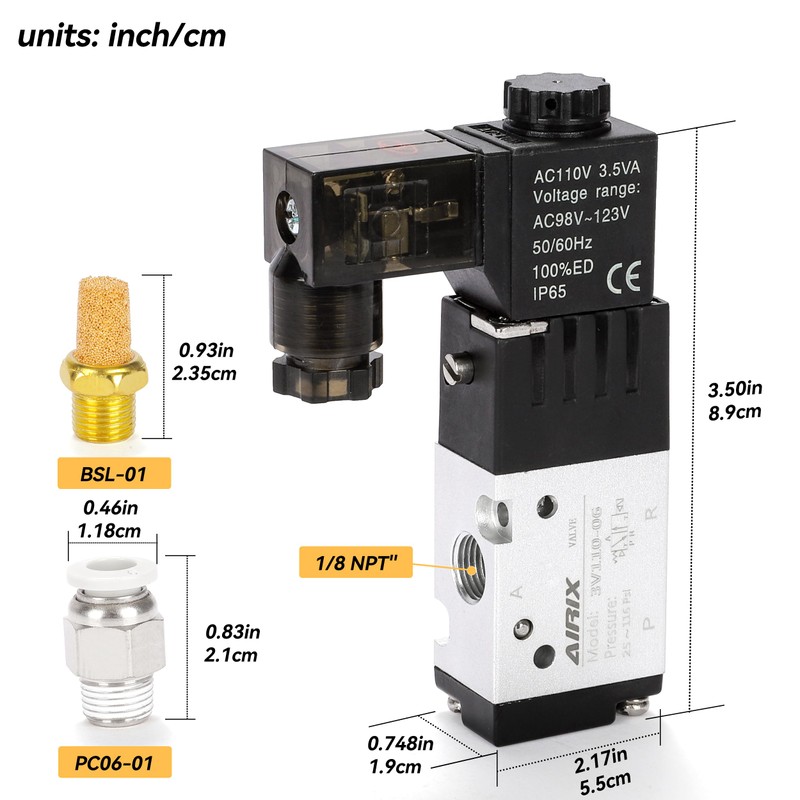 AIRIX 3V110-06 Pneumatic Solenoid Valve AC110V, 2 Position 3 Way,