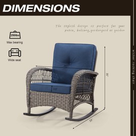 Gardenbee Patio Rocking Chair - Outdoor Rocker Chair with Safe Rocking Design, Metal Frame All Weather Wicker and Premium Fabric Cushions (Mixed Brown/Blue)