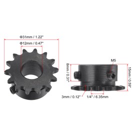 sourcing map #25 Chain Roller Sprocket, 12mm Bore 1/4" Pitch 14 Tooth Single Strand Chain Sprocket, C45 Carbon Steel 25 Roller Chain Sprocket with Set Screws for ISO 04C Chain, 2Pcs