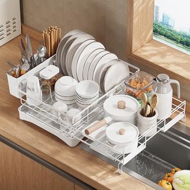 2millionstore Expandable Over Sink Dish Drying Rack – Foldable Stainless Steel Kitchen Organizer with Utensil Holder, Space-Saving & Rustproof (White)