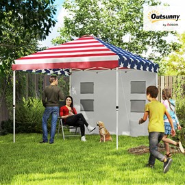 Outsunny 10' x 10' Pop Up Canopy Tent with Sidewall, UPF50+ Instant Sun Shelter with Storage Pockets, Vented Roof for Parties, Height Adjustable, Carry Bag, Sand Bags for Outdoor Patio, American Flag