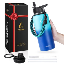 AMITER Insulated Bottle with Straw & Spout Lid, Wide Mouth Stainless Steel Water Bottles with Paracord Handle - 22oz, 32oz, 40oz, 64oz
