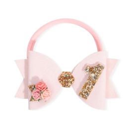 Jissoo Birthday Girl bow for Baby Girls - 1st Birthday Pink Bow Headdress,Gold Glitter Birthday Bow Headband Flowers,Photo Props (pink bow tie 1)