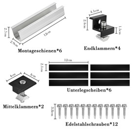 Philtool Solar Panel Mount Kit, 12 cm Aluminium Profile Rails and Accessories, Black Anodised 30-35 mm, Adjustable Bracket for Solar Panels, Bracket Solar Panel for Flat Roof, Trapezoidal Roof, Sheet