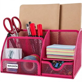 Organizador de Escritorio de Malla, Multifuncional Organizador de Accesorios de Escritorio, Portalápices de Malla con 6 Compartimentos y 1 Cajón para 