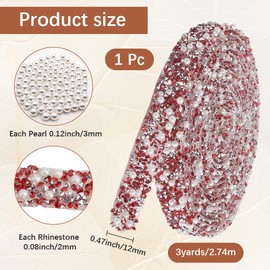 CABODYALS 3 Yards Red Self Adhesive Resin Rhinestones Ribbon Trim Bling Glitter Rhinestone Diamond Crystal Pearl Bead Strips Belt Roll Iron on Stickers for Craft Shoes Clothing Decor Wedding Dresses