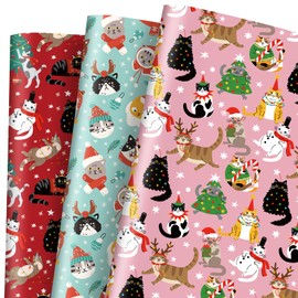 JarThenaAMCS Christmas Cat Wrapping Paper Red Pink Blue Pet Gift Wrap Paper Bulk Folded Flat Cute Cartoon Art Paper for Birthday Baby Shower DIY Crafts, 9 Sheet, 19.7 x 27.6 Inch