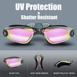 2 Pack Swim Goggles Anti Fog No Leaking Swimming Goggle Adult Women Men (Aqua & Black Pink)