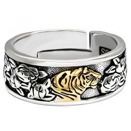 S925 Sterling Silver Vintage Ring for Men, Adjustable Size Open Hug Ring with S925 Stamps, Silver Band Rings Gift for Him, My Man, Son, Boyfriend, Dad (Tiger Sniffs Rose)