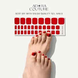 Adora Couture - Tiras de uñas de gel semicuradas para pedicura, 32 tiras de gel rojo brillante y liso, color rojo brillante, para uñas de salón en cas