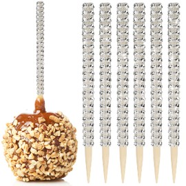32 PCS Bling Candy Apple Bamboo Sticks, Caramel Apple Wooden Pointed Skewers with Rhinestones Diamond Mesh Wrap, Fruit Treats Pop Dec Bar for Dessert Table Tea Party Birthday Wedding (Silver)