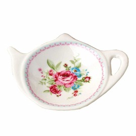 Set of White Porcelain Ceramic with Flower Trim Teapot-Shaped Tea Bag Holder Tea Bag Coasters, Spoon Rests; Classic Tea Time Saucer Seasoning Dish Set (TYGZ)