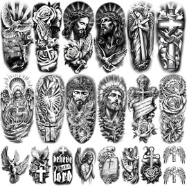 Yazhiji 77 Hojas De Tatuajes Temporales Cristianos Para Adultos Tatuajes Falsos Religiosos De Jesucristo Cruz Ángeles Dios Medio Brazo Tatuajes Temporales Realistas De Cristo Católico Para H