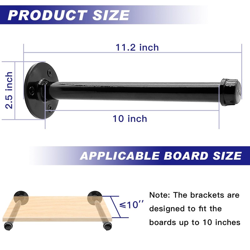 6 Pack Pipe Shelf Brackets 10 Inch, Industrial Iron Pipe