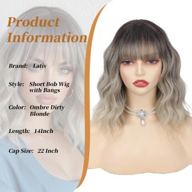 Ombre Dirty Blonde Wig With Bangs for Women Short Bob Curly Wavy Wig