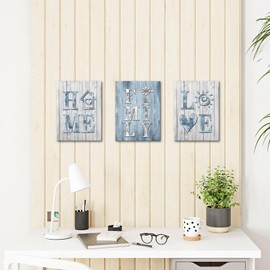 sechars Rustic Blue and Grey Wall Decor Home Family Love Painting Canvas Art Vintage Family Sign Decoration for Farmhouse Kitchen Dining Room