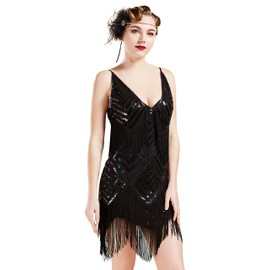 BABEYOND Women's 1920s Flapper Dress V Neck Slip Dress Roaring 20s Great Gatsby Dress for Party (Black, l)