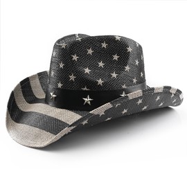 Cowboy Hat for Men's Women's,Western Cowgirl Straw Hats,Vintage USA American Flag Star Rivet Decoration Black/Gray