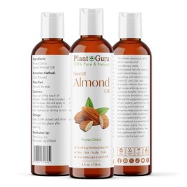 Plant Guru Sweet Almond Oil 4 fl. oz. Cold Pressed Carrier 100% Pure Natural For Skin, Body, Face, and Hair Growth Moisturizer. Great For Creams, Lotions, Lip balm and Soap Making