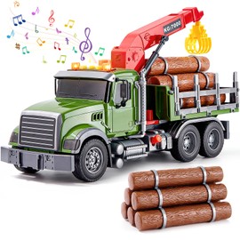 Tacobear Wooden Transporter Truck Toy with Trailer Crane Arm & 6 Tree Trunks, Large 1:16 Transporter Truck with Sound & Light Crane Car Truck Toy Gift for Children Boys 3 4 5 6 Years
