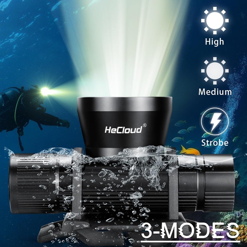 HECLOUD 3000 Lumens Super Bright Diving Headlamp IP68 Waterproof Dive
