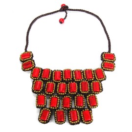 AeraVida Adjustable Classic Reconstructed Red Coral Bib Ethnic Tribal Chunky Collar Statement Brass Red Boho Necklace, 18 inch | Bold Bohemian-Inspired Jewelry for Women