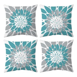 Qahing Pack of 4 Outdoor Waterproof Pillow Covers 18x18 Decorative Outdoor Throw Pillows Garden Square Cushion Cases for Patio Furniture, Couch, Tent Sunbrella, Bench, Teal Turquoise Grey
