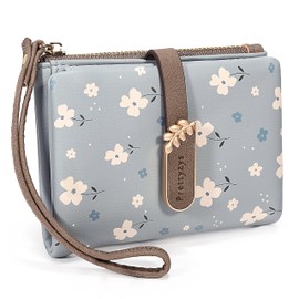 UTO Women's Large and Small Purse Flowers Many Compartments with Coin Compartment PU Leather Press Stud Zip Lightweight Wallet for Women Slim Wallet Boys Purse for Gift, Flower Small Blue, Casual