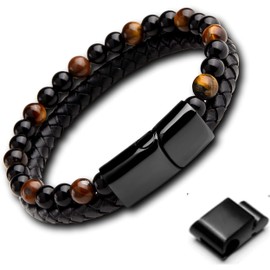 genac Original bracelet for men made of natural stone beads 6 mm and genuine leather with removable stainless steel magnetic clasp for easy adjustment of the length., Stone, stainless steel, leather