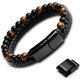 genac Original bracelet for men made of natural stone beads 6 mm and genuine leather with removable stainless steel magnetic clasp for easy adjustment of the length., Stone, stainless steel, leather