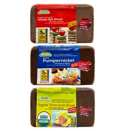 Mestemacher Natural High Fiber Bread 3 Flavor Variety Bundle: (1) Mestemacher Organic Three Grain Bread, (1) Mestemacher Pumpernickel Bread, and Mestemacher Whole Rye Bread, 17.6 Oz. Ea. (Pack of 3)