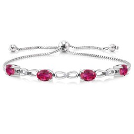 Gem Stone King 925 Sterling Silver Red Created Ruby and White Lab Grown Diamond Tennis Bracelet For Women (4.02 Cttw, Oval 7X5MM, Fully Adjustable Up to 9 Inch)