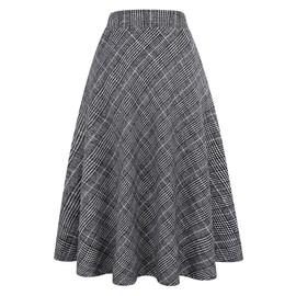 Ylingjun Long Plaid Wool Skirt for Womens Winter Fall Warm High Elastic Waist A line Flared Pleated Wool Tartan Skirts, Black White, XX-Large
