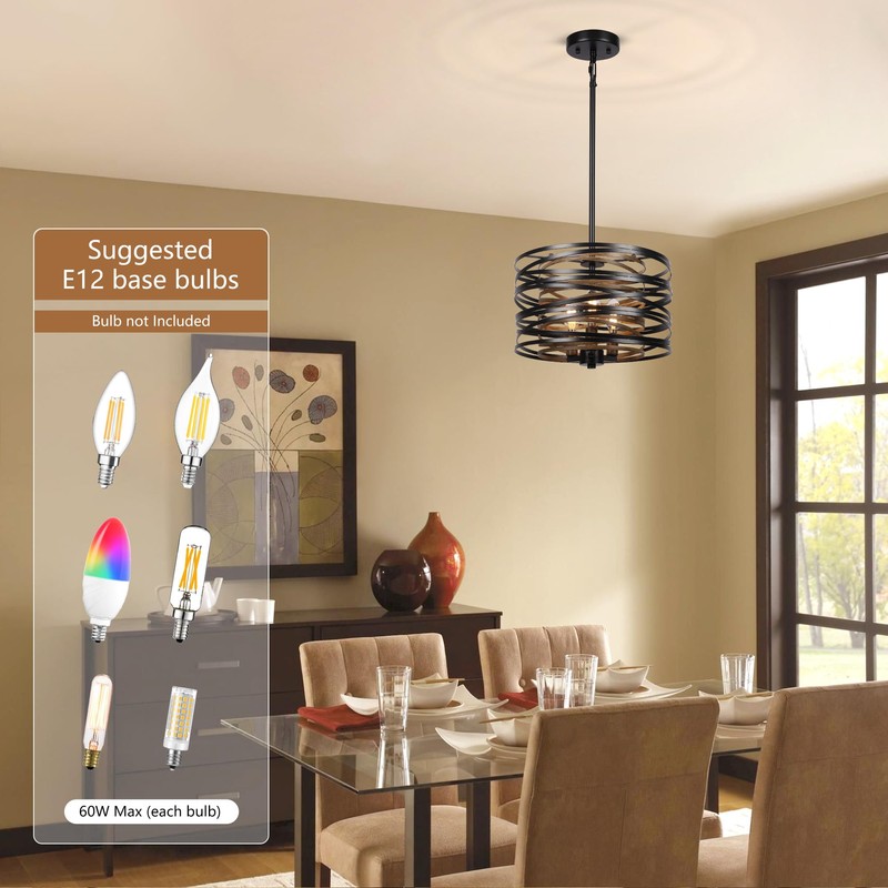 Sigaitwei 3-Light Dining Room Chandelier，12.6" Rustic Black Drum Chandeliers，Wood Grain