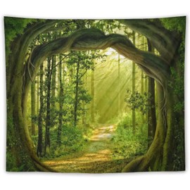 FENDROM Enchanted Forest Tapestry Nature Sunshine Lanscape Green Tree Cave Tapestries Wall Hanging For Living Room Bedroom Home Decorations