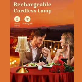 Lámpara de mesa de cristal, lámpara recargable con control táctil de temperatura de 3 colores, lámpara de mesita de noche inalámbrica vintage para dormitorio sala de estar