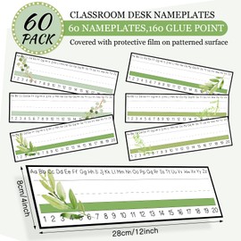 60 Pcs Eucalyptus Cactus Students Nameplate Classroom Flat Nameplate Name Tag School Classroom Student Desk Teaching Supplies Back to School Decoration, 12 x 4 Inches