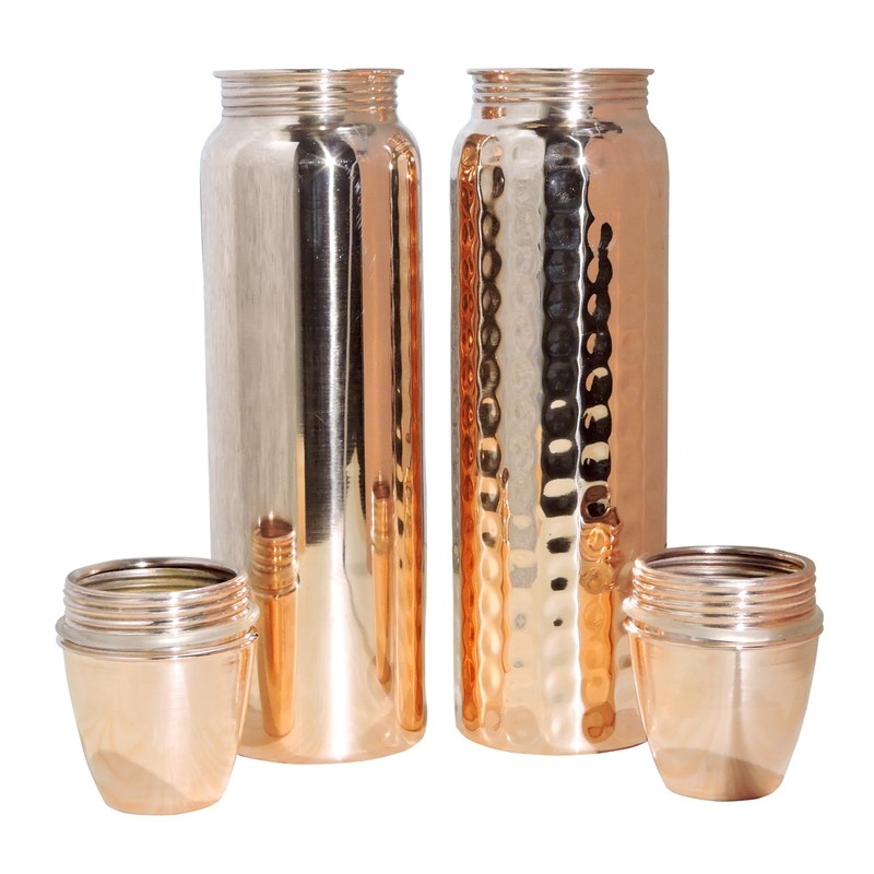 Set of Plain and Hammered Copper Water Bottle Thermos, 850