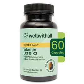 WellWithAll Vitamin D3 5000 IU (125 mcg) with Vitamin K2 100 mcg Supplement | Supports Calcium Utilization, Immune Support, & Cardiovascular Wellness | Plant Based, Major Allergen Free | 60-Day Supply