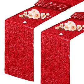 DLCFLF 2 Packs Red Sequin Table Runners 12 x 108 Inch Glitter Dining Table Runner Sparkle Sequin Runners for Birthday Wedding Party Bridal & Baby Showers, Party Table Decorations